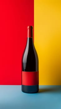 A glass bottle of red wine with a bottle stopper saver, set against a vibrant background of red, yellow, and blue. Perfect for enjoying a drink in style