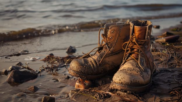 A pair of boots is drifting in the fluid water, surrounded by natural landscapes of soil, plants, trees, and rocks. It seems like a mysterious event AIG50