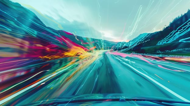 A vibrant magenta lens flare illuminates the electric blue automotive lighting on the car as it speeds down the highway at night, under a starry sky AIG50