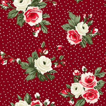 Seamless pattern, tileable Christmas holiday floral, country flowers dots print, English countryside roses for wallpaper, wrapping paper, scrapbook, fabric and product design motif