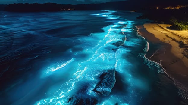 An electric blue wave crashing on a beach at night, creating a captivating natural landscape in the darkness with the mountain range in the background AIG50