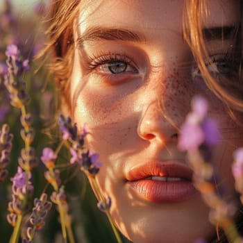 A closeup portrait photography of a womans face with purple flowers framing her jaw, highlighting her happy gesture. This visual arts illustration captures her eyelash in an artistic way AIG50