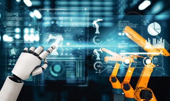 MLP Mechanized industry robot and robotic arms for assembly in factory production. Concept of artificial intelligence for industrial revolution and automation manufacturing process.