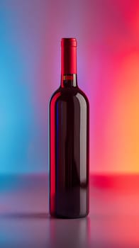 A glass bottle of red wine, sealed with a bottle stopper, sits on a table against a colorful magenta background. The cylinder contains the alcoholic beverage, a fluid waiting to be enjoyed