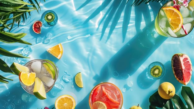 Aqua art transforms a swimming pool into a vibrant oasis filled with floating fruits and leaves, creating a mesmerizing display of color and nature AIG50