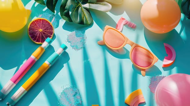 A table adorned with a diverse collection of colorful objects and decorations, featuring green plants, azure water elements, orange art pieces, and a variety of organisminspired decor items AIG50
