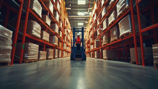 A man operates a forklift amidst shelving and fixtures in a warehouse, while moving wooden flooring for an upcoming event. AIG41