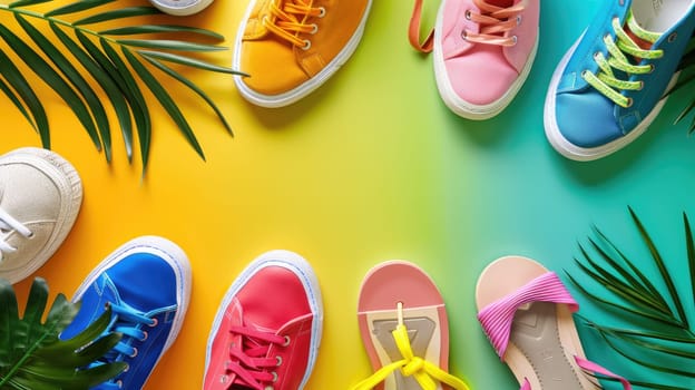 There is a variety of shoes and sandals displayed on a colorful background, including walking shoes, outdoor shoes, and electric blue and orange sandals. The vibrant display is like a work of art AIG50