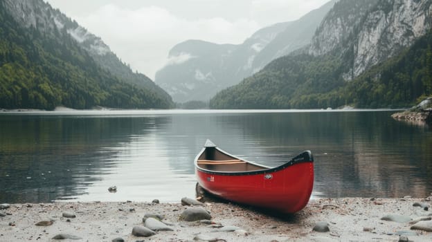 A red canoe is docked on the shore of a picturesque lake with majestic mountains towering in the background, surrounded by a serene natural landscape under a cloudy sky AIG50