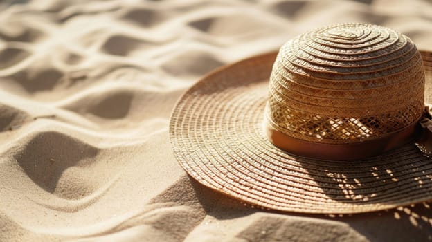 A straw hat rests on a sandy beach, blending in with the natural landscape composed of soil, wood, and aeolian landforms. Terrestrial animals and wildlife may be seen in this macro photography scene AIG50