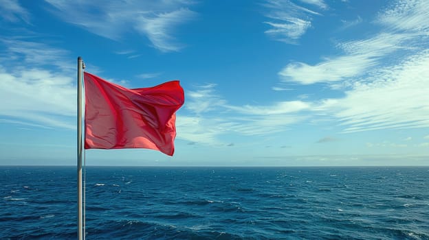 A vibrant red flag flutters under a cumulus cloud in the electric blue sky amidst the vast expanse of liquid water, signaling a warning to travelers of potential danger ahead AIG50