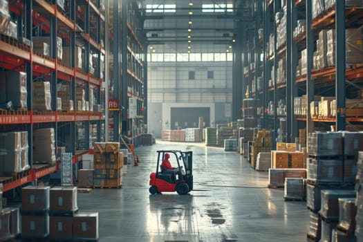 Smart warehouse worker or operator driving forklift and lifted product surrounded with box at storage. Professional engineer working in ware house while using machine carry or transport box. AIG42.