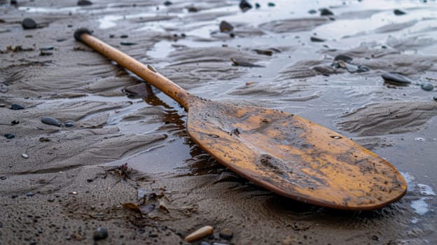 A wooden paddle rests on the sandy beach by the waters edge, surrounded by natural materials like rocks. Perhaps left behind by a kayaker exploring the lake AIG50