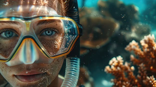 An organism wearing a diving mask for personal protective equipment is leisurely swimming underwater in the ocean, enjoying fun recreation in the electric blue water AIG50