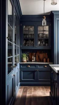 Dark blue kitchen decor, interior design and house improvement, classic English in frame kitchen cabinets, countertop and applience in a country house, post-processed, generative ai