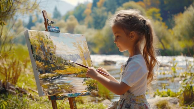 A young artist is painting a picture in a meadow, surrounded by a beautiful natural landscape. The grassland provides the perfect backdrop for her artistic expression AIG50