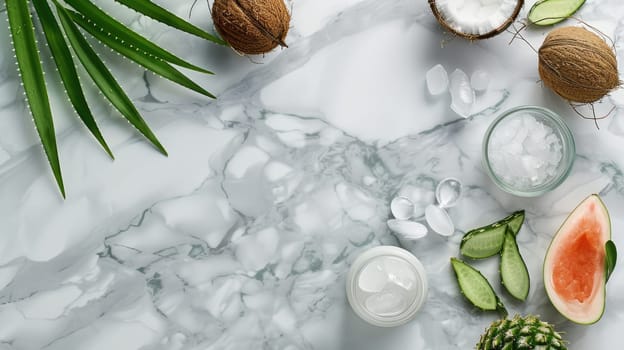 The table is filled with various ingredients like plant leaves, branches, twigs, and grass, along with dishware, tableware, plates for preparing delicious cuisine recipes AIG50