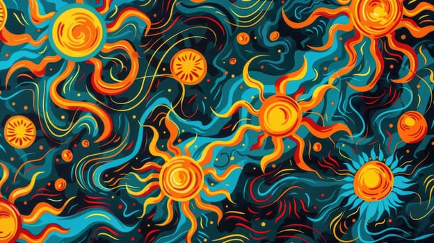 Textile sleeve featuring an intricate pattern of suns, moons, and swirls on a black background. The design incorporates elements of organisms, plants, and art in electric blue, aqua, and symmetry AIG50