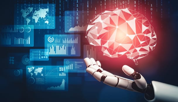 MLP 3D rendering futuristic droid robot technology development, artificial intelligence AI, and machine learning concept. Global robotic bionic science research for future of human life.