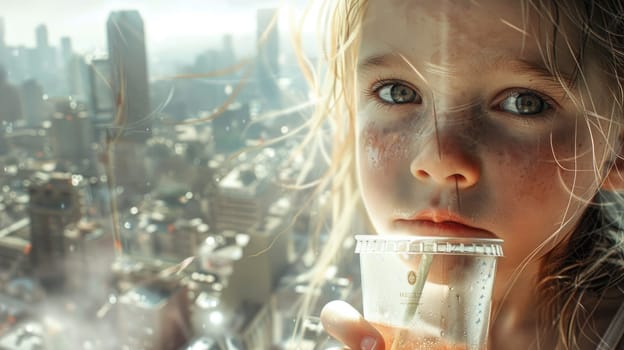 The little girl is sipping water from a glass, her eyelashes moist with the clear fluid. The amber drinkware reflects the light beautifully AIG50