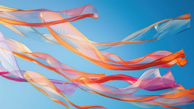 Fluid electric blue ribbons dance in the wind against a peachcolored sky, a masterpiece of nature resembling a painting inspired by marine biology AIG50
