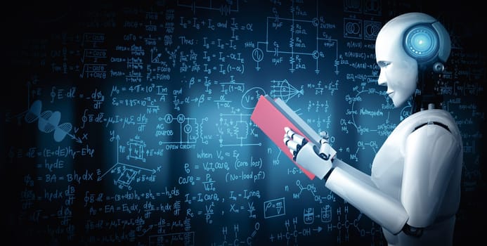 MLP 3d illustration 3D illustration of robot humanoid reading book and solving math data analytics in concept of future mathematics artificial intelligence, data mining and 4th fourth industrial automation revolution.
