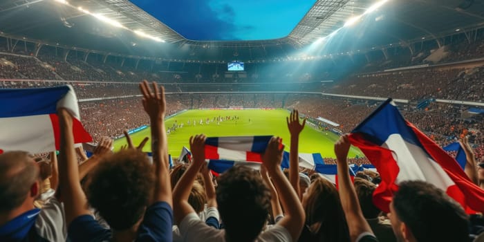 A lively crowd of fans with arms raised enthusiastically watch a soccer game in a vibrant stadium, amidst the green grass of a sport venue. AIG41