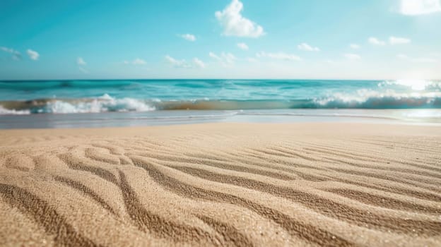 A close up of a sandy beach with waves crashing onto the shore, showcasing the beauty of natures water and wind waves in a natural landscape AIG50
