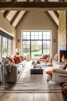 Modern cottage sitting room with fireplace, living room interior design and country house home decor, sofa and lounge furniture, English countryside style interiors