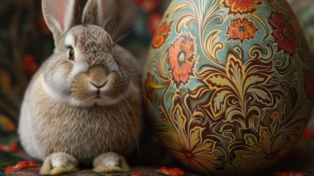 Fluffy big rabbit with brown fur standing near easter egg with colorful pattern with cozy room. Cute bunny staring at camera while standing at painting easter egg festival day in warming day. AIG42.