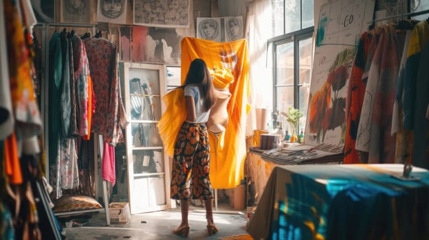 A woman stands in an art-filled room surrounded by clothes, creating a visually striking scene. AIG41