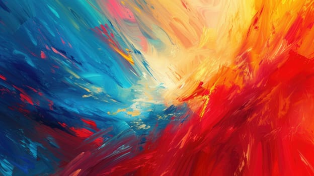 Abstract picture of painting was painted with vibrant watercolor paint brush. Artwork of vibrant picture with colorful splatter painted in paper with blue, red, pink, orange contrast colors. AIG42.