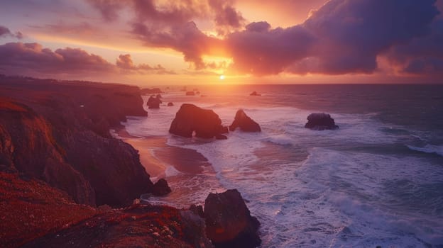 A picturesque painting capturing the sunset over the ocean, with vibrant colors reflecting on the water and a beautiful sky filled with cumulus clouds AIG50