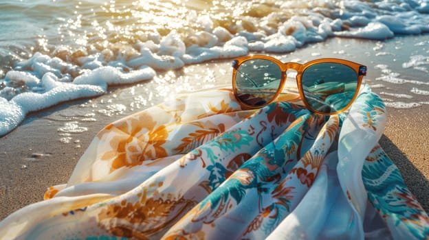 A pair of azure sunglasses rest on a towel by the waters edge on the beach, offering vision care and style for a sunny day of travel AIG50