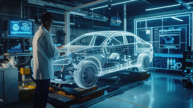 Professional technician checking and inspecting vehicle machine system while wearing formal cloth. Skilled automotive engineer designing and testing car design by using technology innovation. AIG42.