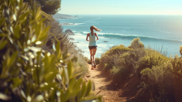 A woman enjoys leisurely running along a coastal path, surrounded by the natural landscape of ocean, sky, plants, beach, and grass. AIG41