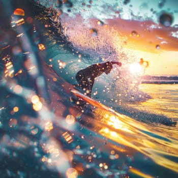A person is happily riding a wave on a surfboard in the liquid world of the ocean, surrounded by the vast sky and majestic astronomical objects AIG50
