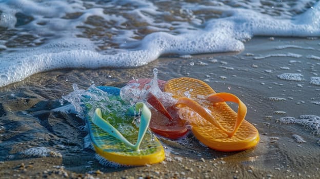 A pair of flip flops rests on the sandy beach, with waves crashing nearby. The tranquil scene is a perfect blend of water, wind, and natural landscape AIG50