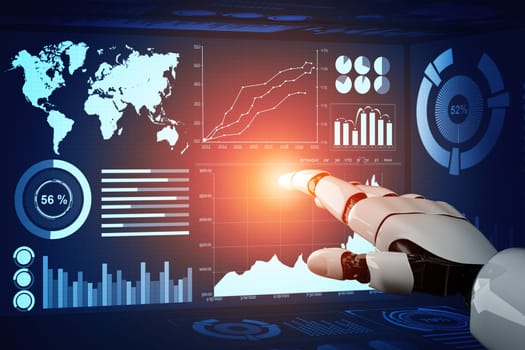 MLP 3D Rendering futuristic robot technology development, artificial intelligence AI, and machine learning concept. Global robotic bionic science research for future of human life.