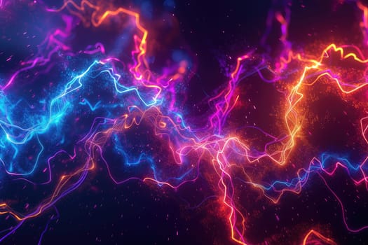 An image of abstract glowing neon light wallpaper with black background. A picture of messy futuristic technology glowing light line with chaotic and tangle line like electrical thunder light. AIG42.