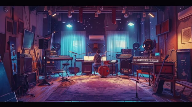 Professional happy musician recording music while thinking about rhyme at modern music studio. Attractive music producer or sound engineer focus on listening demo song while mastering track. AIG42.