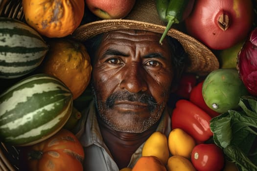 Senior farmer holding basket of healthy and fresh fruit and vegetable at garden with blurring background. Agricultural worker or gardener present agricultural products at blurring background. AIG42.