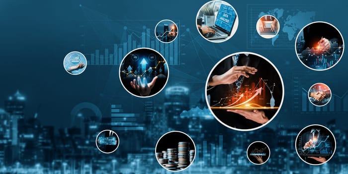 Futuristic business digital financial data technology concept for future big data analytic and business intelligence research for businessman analyst invest decisions making panoramic banner kudos