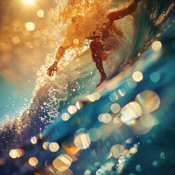 A person is happily riding a wave on a surfboard in the liquid world of the ocean, surrounded by the vast sky and majestic astronomical objects AIG50