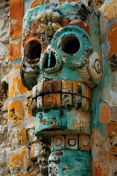 A carved wooden skull stands as a unique artifact on a brick facade, showcasing ancient history through intricate carving and visual arts