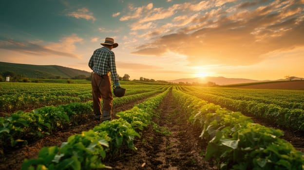 Professional farmer working while planting and checking crop at farm. Skilled agricultural worker walking at sunset or dawn while harvesting the crop and taking care crop at vegetable plot. AIG42.