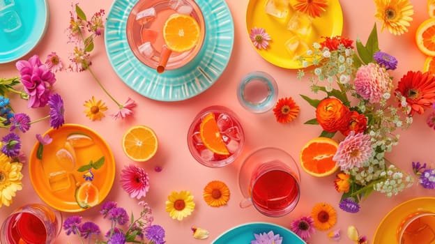 An intricate table setting with colorful dishware and drinks arranged in a circular pattern, resembling a painting of a vibrant aquatic organism AIG50