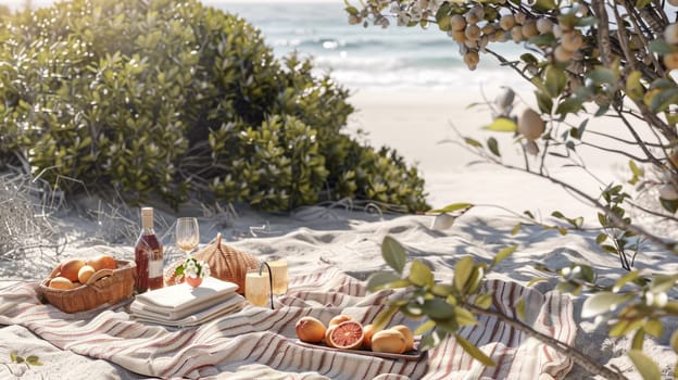 A beach picnic set up with a colorful fruit basket and cozy blanket overlooking the serene body of water, surrounded by nature and stunning landscape AIG50