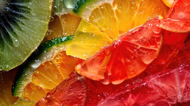 A colorful display of sliced citrus fruits such as orange, peach, and amber produce a vibrant array on the table. These ingredients can be used to create a delicious fruit dish in various cuisines AIG50