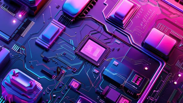 A close up of a computer circuit board with blue and purple neon lights. AIG51A.